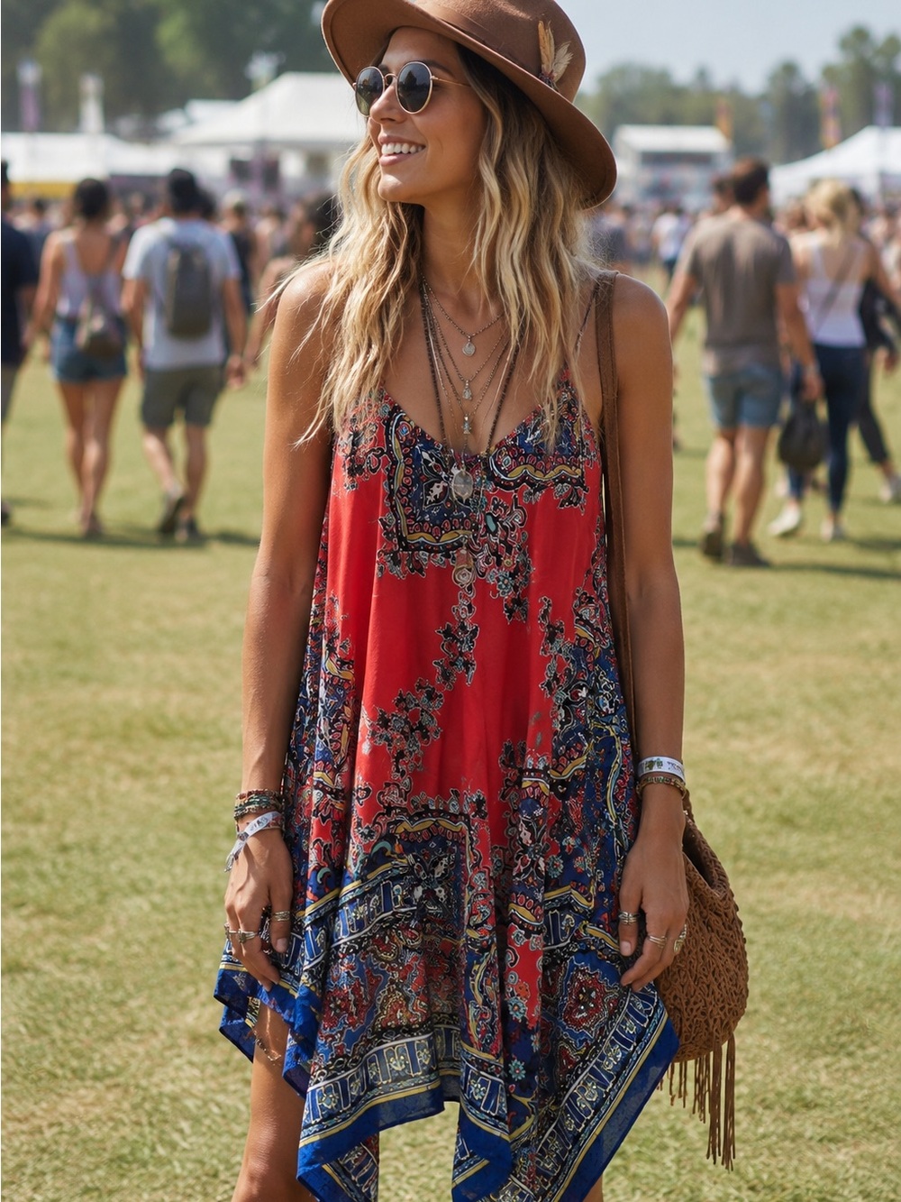 Stilettos Boho Red Paisley Polyester Asymmetrical Handkerchief-Hem Dress Size S